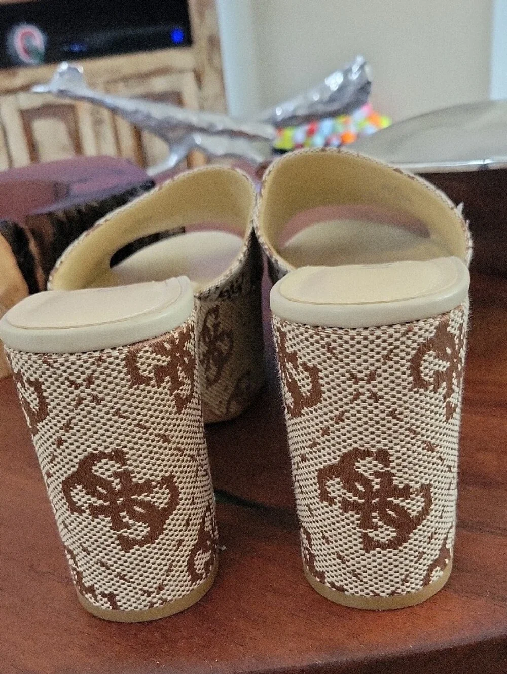 GUESS Yapplea Beige and Brown Logo Platform Mules